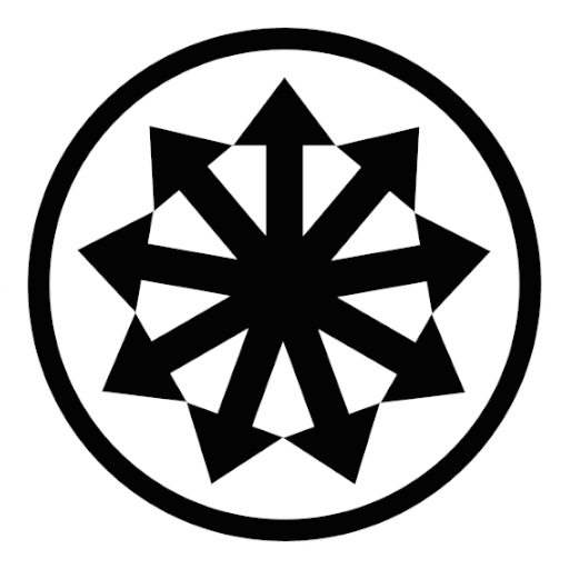 A black symbol of chaos with nine arrows in a radial pattern and a black circle around it